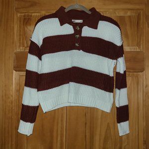 SO Cranberry/White Long Sleeve Collared Cropped Sweater